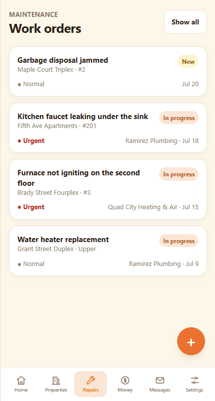 The Work orders screen: maintenance requests with status and assigned vendor