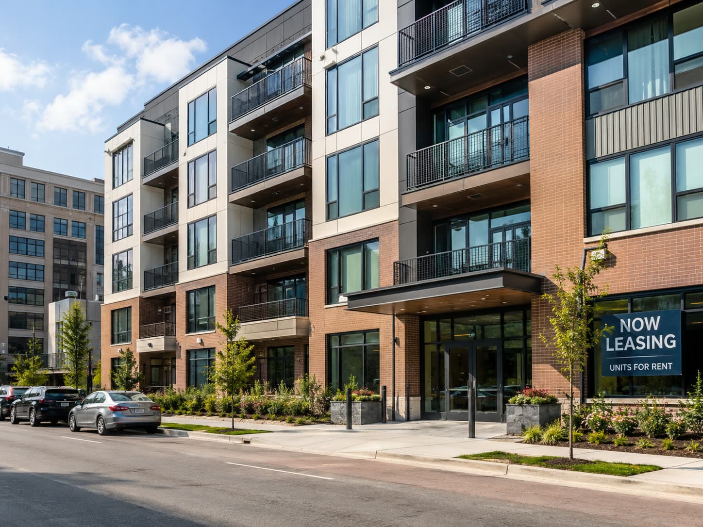 A modern apartment building with a Now Leasing sign